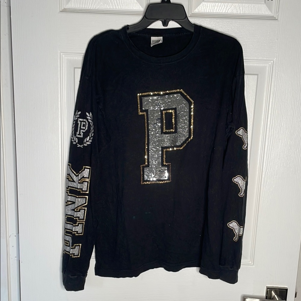 Victoria’s Secret PINK bling sequin gold puppy long sleeve T-shirt